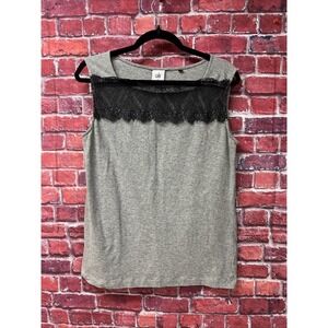 Cabi Womens Heather Grey Black Eyelash Lace Trim Sleeveless Knit Tank Top Medium
